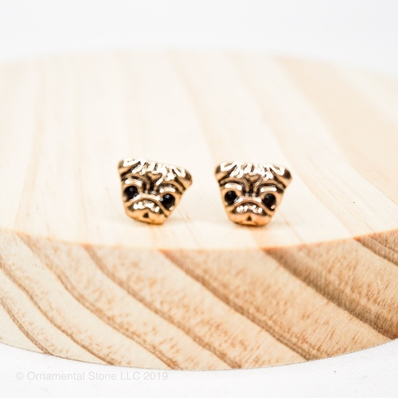 Ornamental Stone Jewelry - PUG Antique Gold Puppy Dog Stud Earrings #63